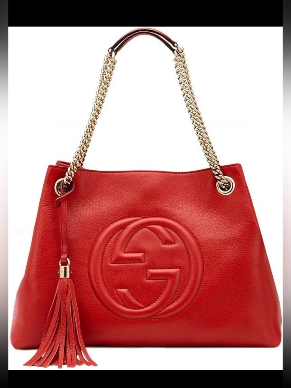 Gucci Red Pebbled Leather Shoulder Bag with Tassel and Chain Straps - Picture 5 of 10
